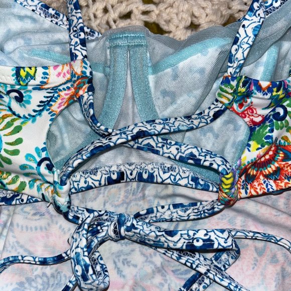 Profile Blush Triangle Ruffle Peacock Pattern Bikini Top Size Small F-Cup - Picture 5 of 10